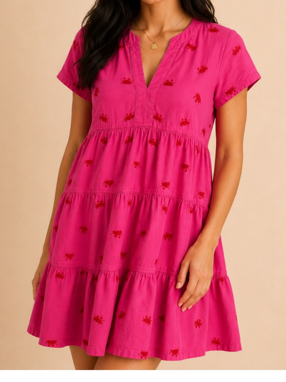 Maeve by Anthropologie Pink Embroidered Crab Tiered Mini Dress Size Small